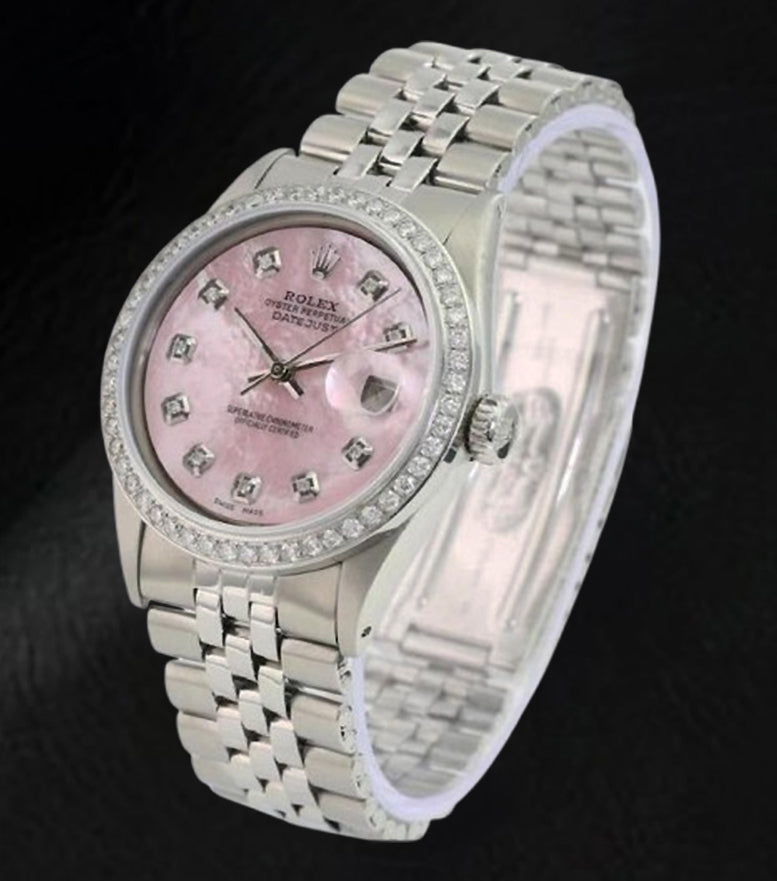 Rolex Datejust 36 mm Pink Mother of Pearl Diamond Dial Stainless Steel Watch