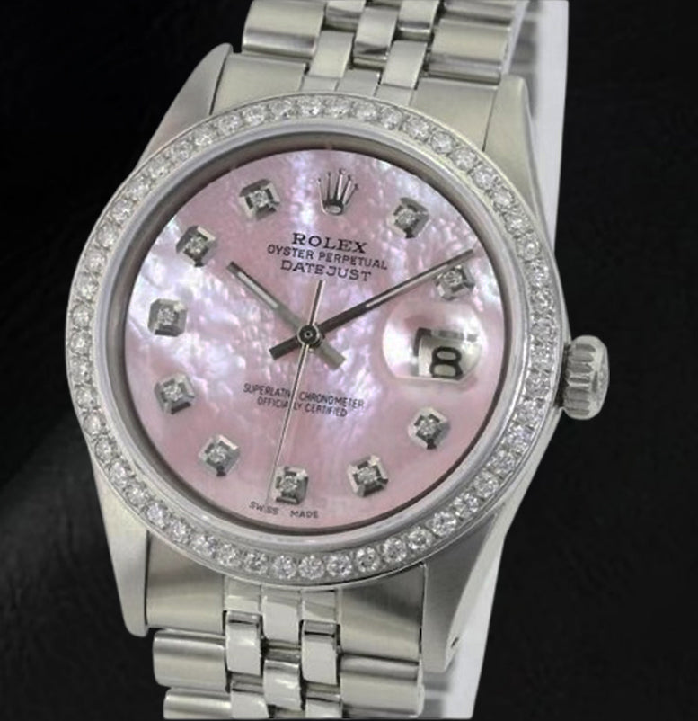 Rolex Datejust 36 mm Pink Mother of Pearl Diamond Dial Stainless Steel Watch