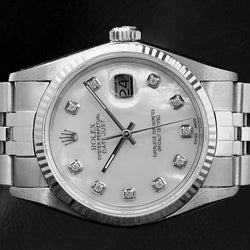 Rolex Datejust 36 mm White Mother Of Pearl Diamond Dial Stainless Steel Watch