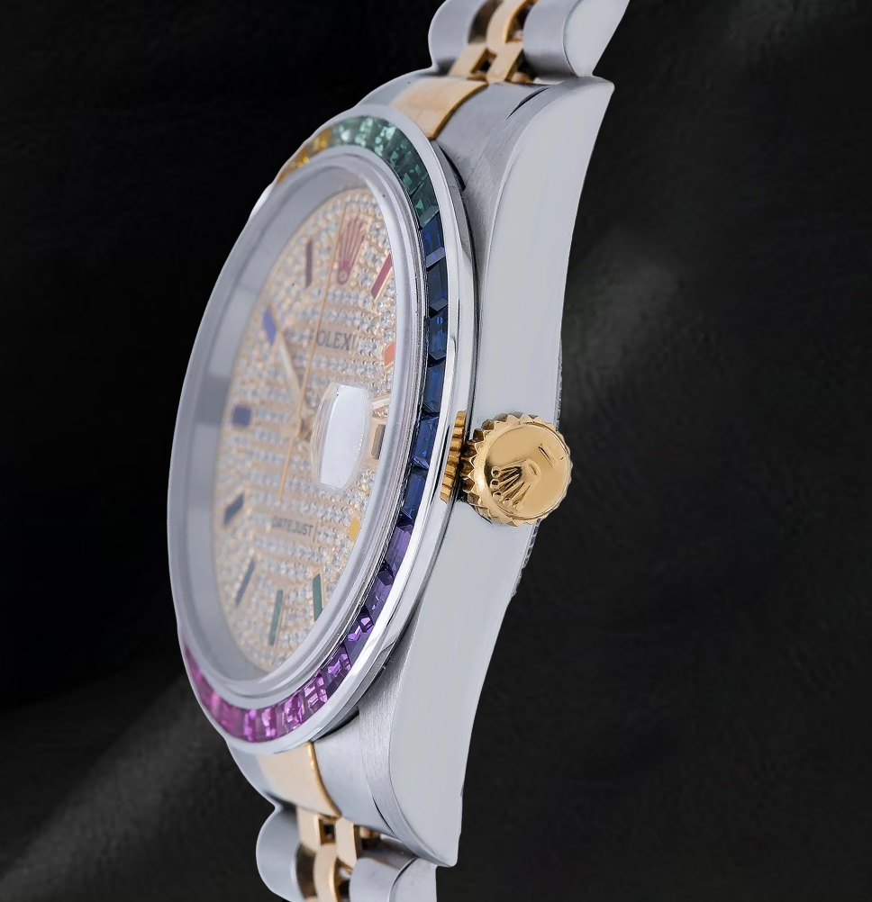 Rolex Datejust 36mm 16013  Diamond Paved Rainbow Hour Dial Two Tone Watch