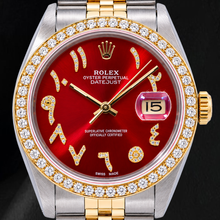 Rolex Datejust 36mm 16013 Red Arabic Diamond Dial Two Tone Watch