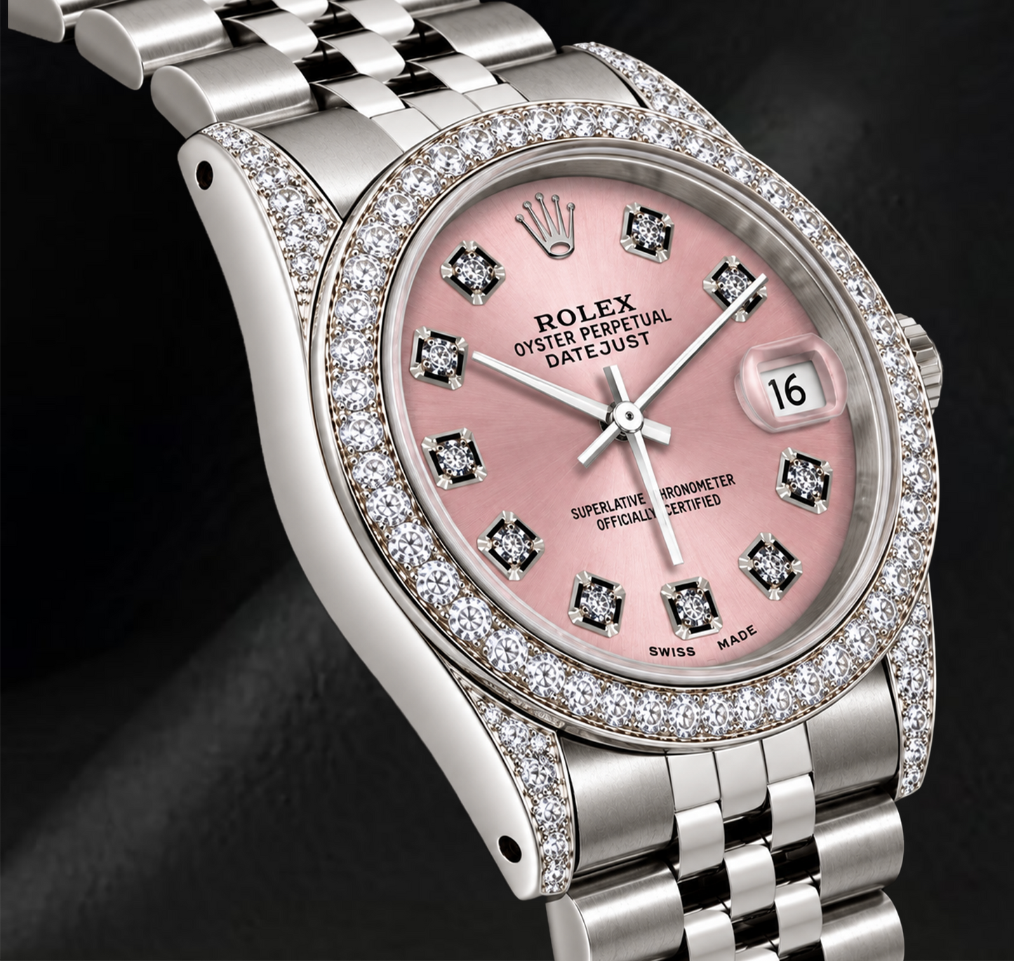 Rolex Datejust 36mm 16200 Pink Diamond Dial Diamond Bezel Stainless Steel Watch