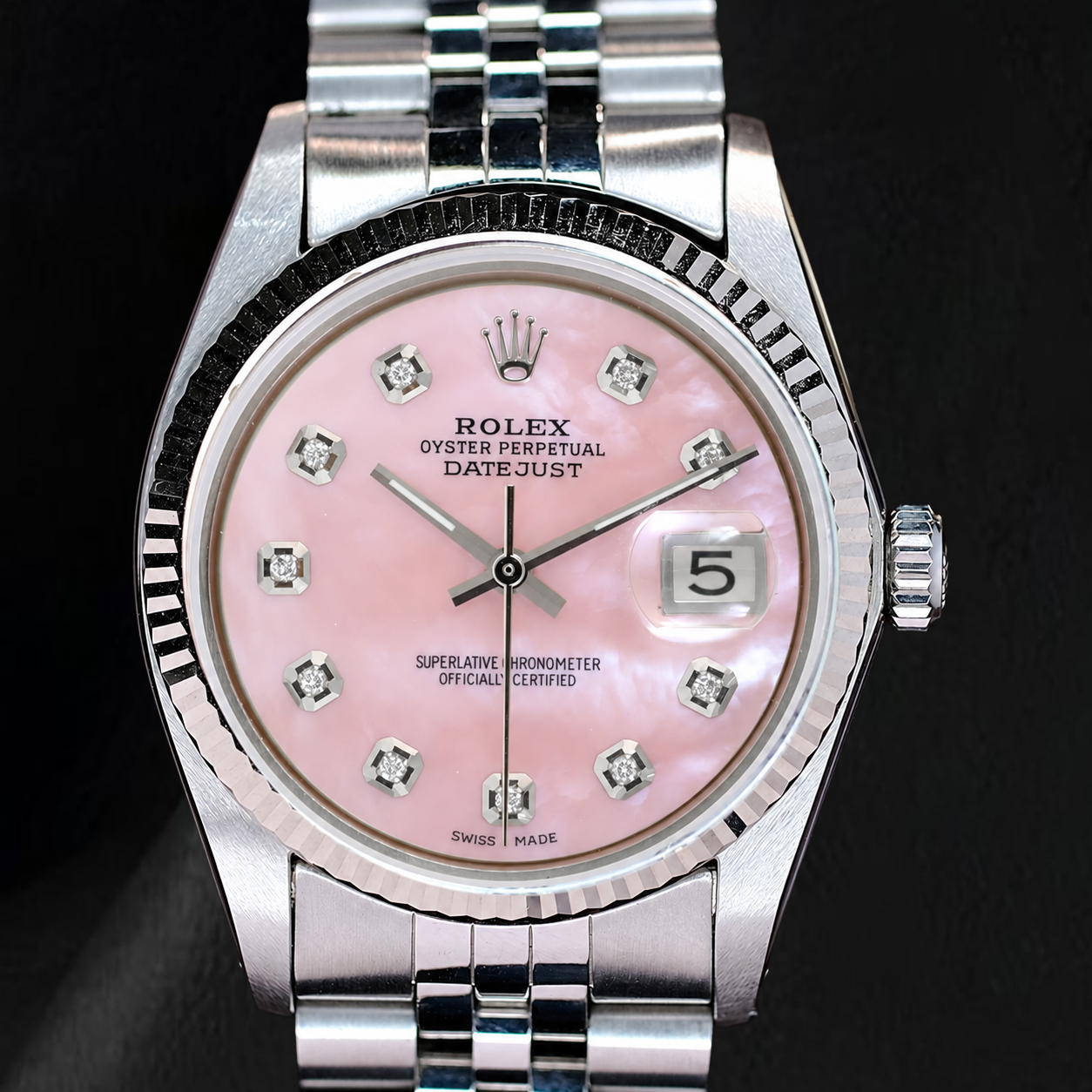 Rolex Datejust 36mm Pink Mother of Pearl Diamond Dial Stainless Steel