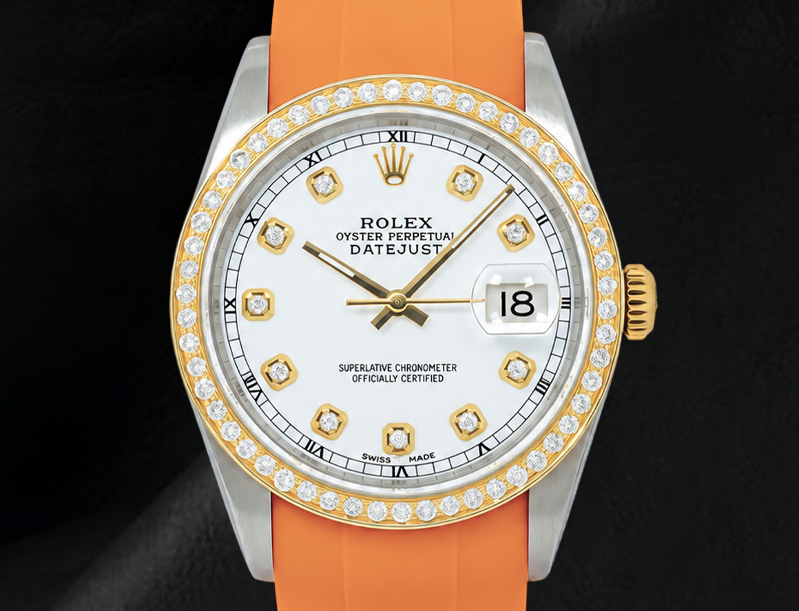 Rolex Datejust 16013 36mm White Diamond Dial Orange Rubber Strap Watch