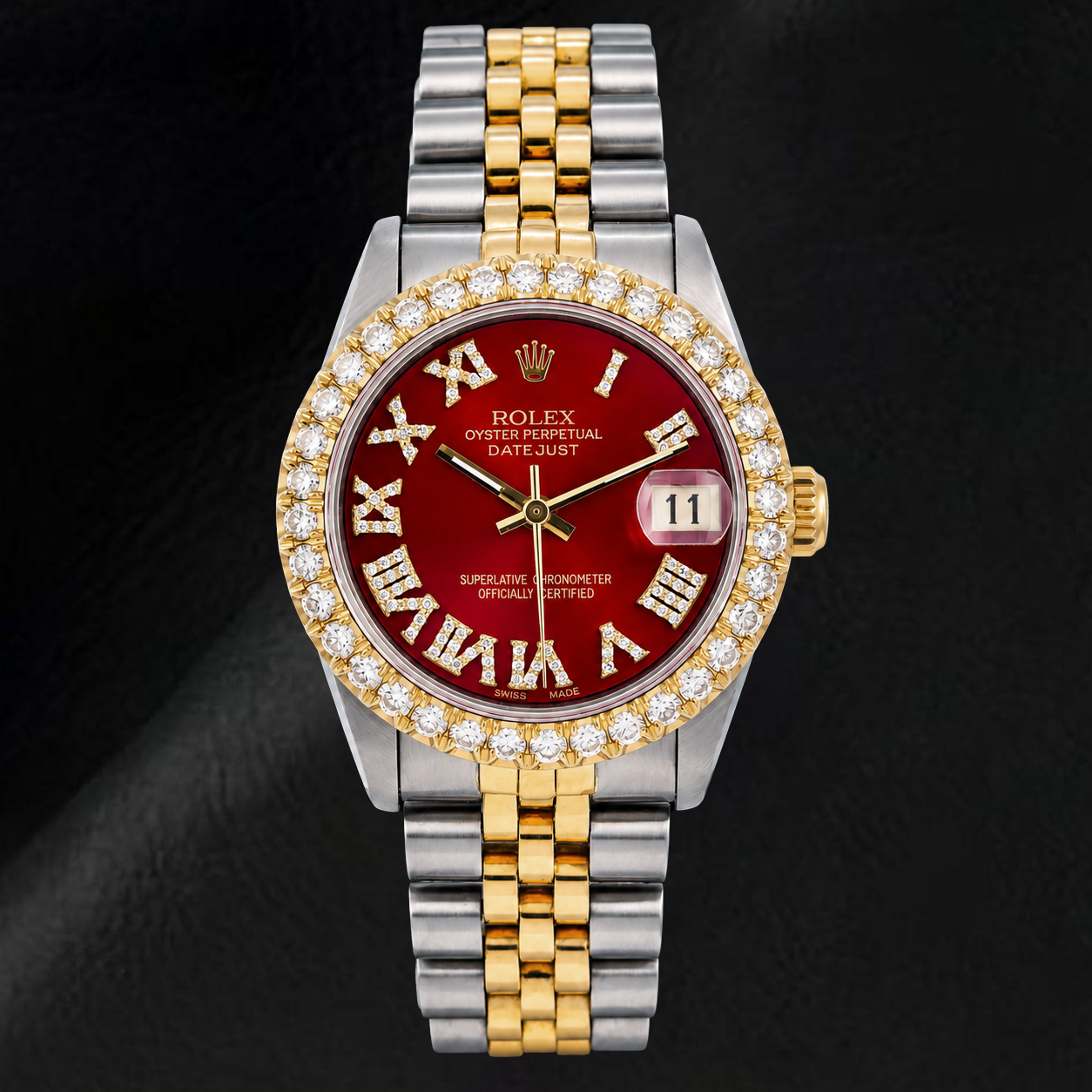 Rolex Datejust 68273 31mm Red Roman Diamond Dial Two Tone Jubilee Bracelet Watch
