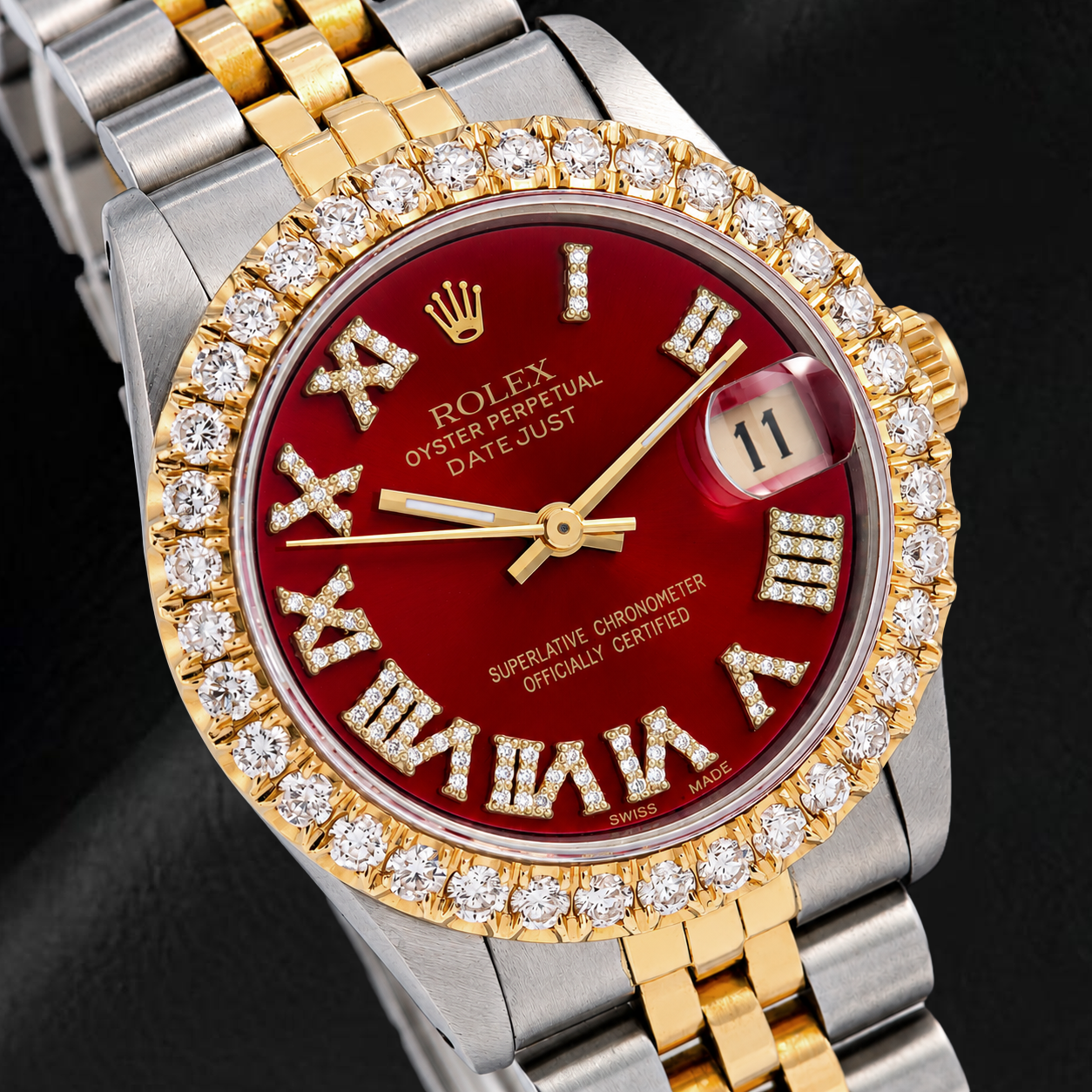 Rolex Datejust 68273 31mm Red Roman Diamond Dial Two Tone Jubilee Bracelet Watch