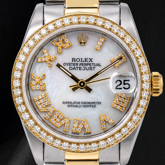 Rolex Datejust 68273 31mm White Mother Of Pearl Roman Diamond Dial Two Tone watch