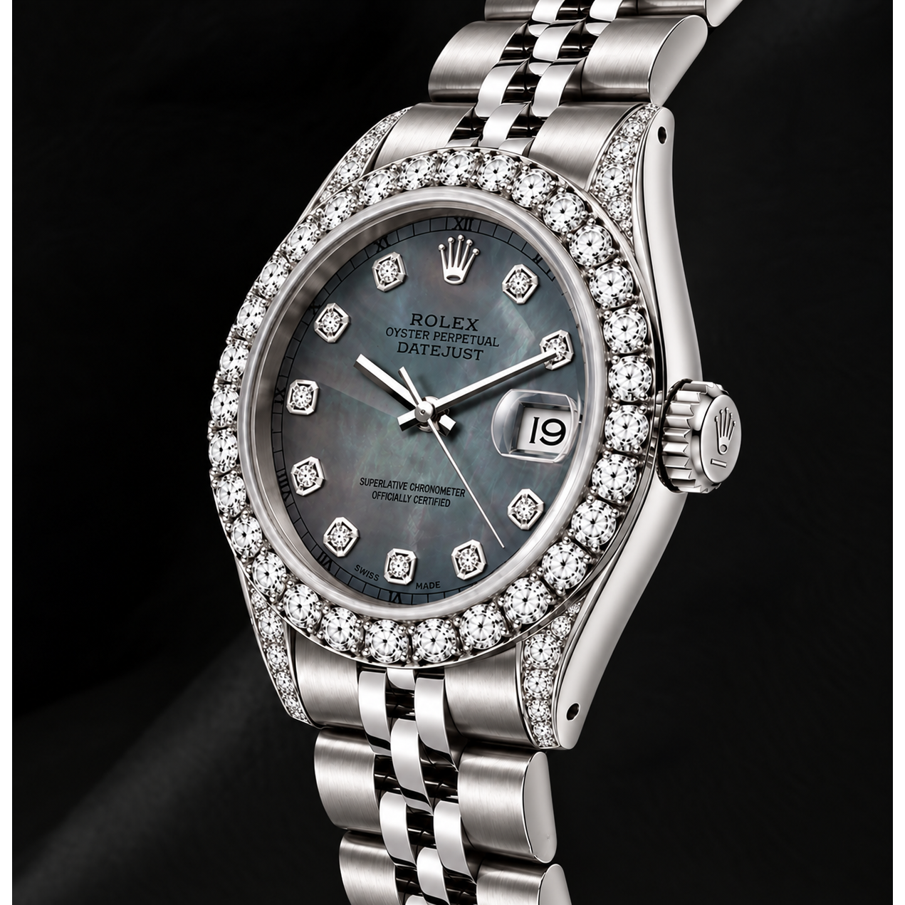 Rolex Datejust 6916 26mm Black Mother of Pearl Diamond Dial Stainless Steel Watch