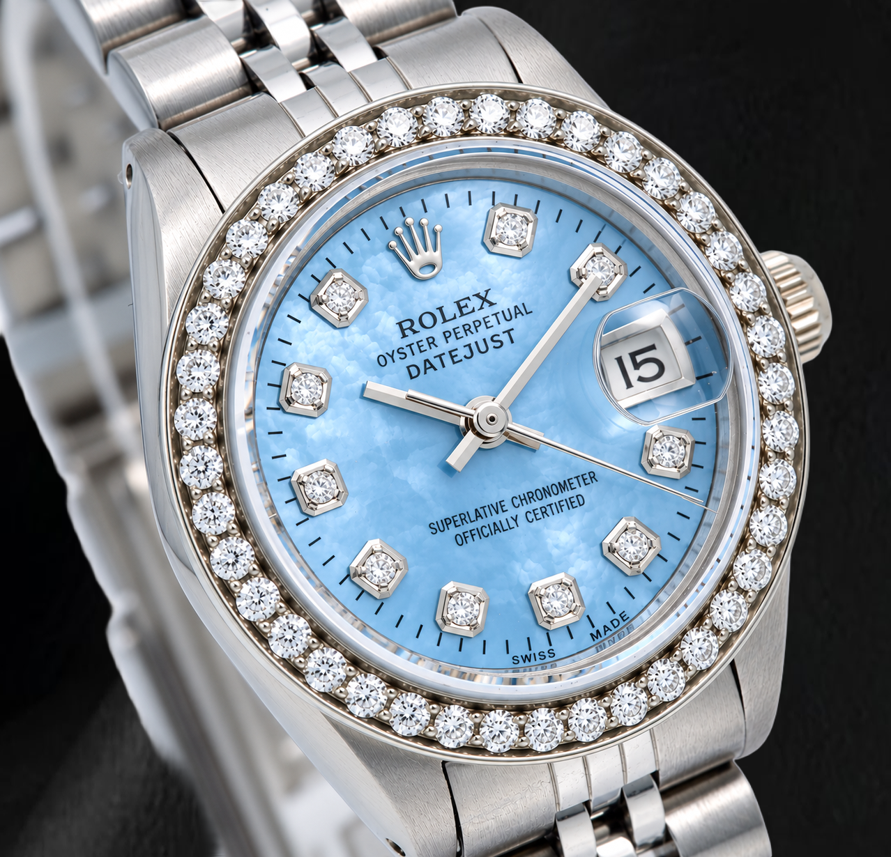 Rolex Datejust 6916 26mm Blue Mother of Pearl Diamond Dial Stainless Steel Jubilee Bracelet Watch
