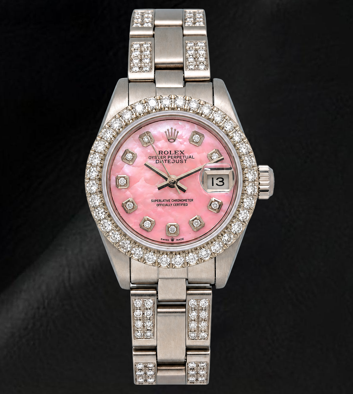 Rolex Datejust  6916 26mm Pink Mother of Pearl Diamond Dial Stainless Steel Semi Diamond Oyster Bracelet Watch