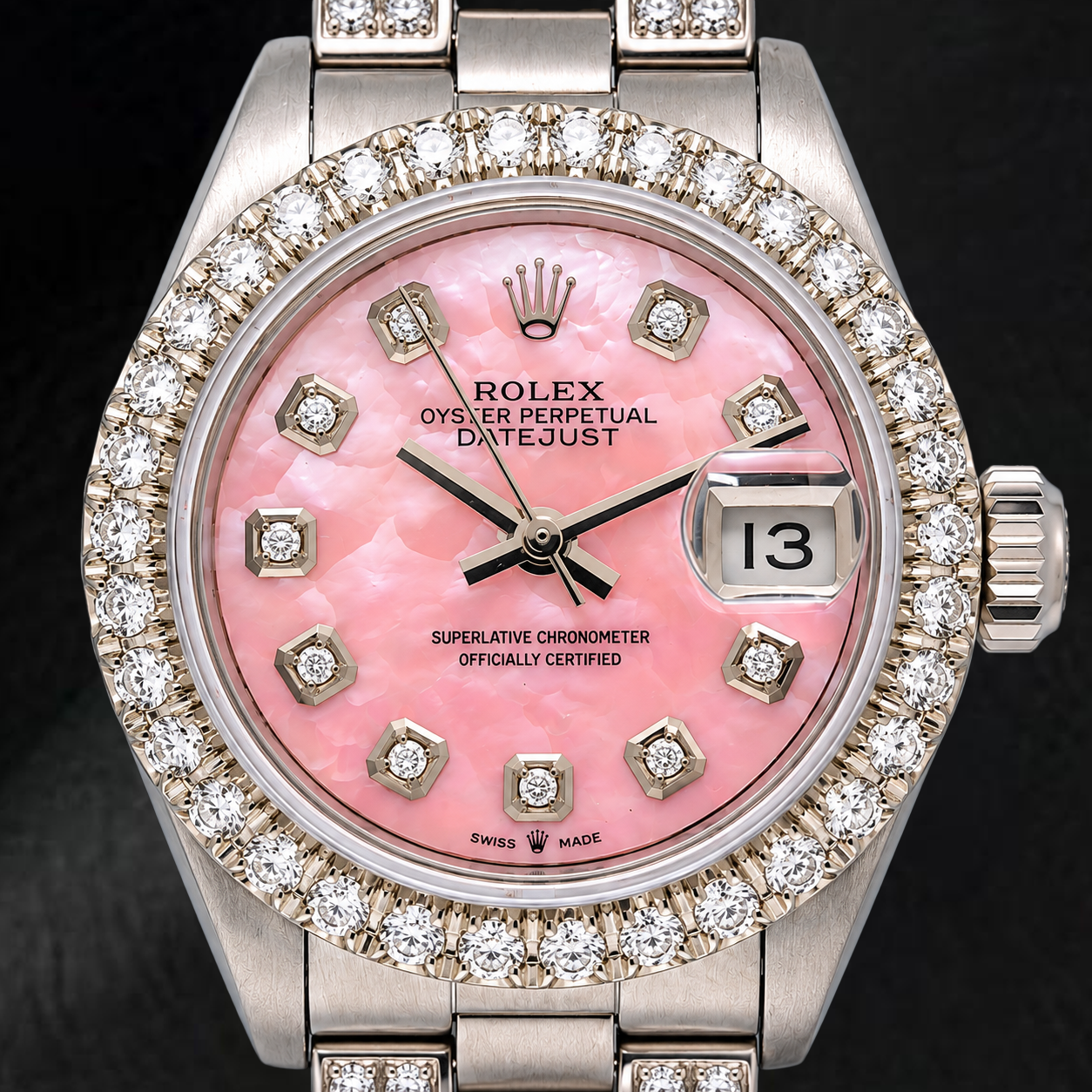Rolex Datejust  6916 26mm Pink Mother of Pearl Diamond Dial Stainless Steel Semi Diamond Oyster Bracelet Watch