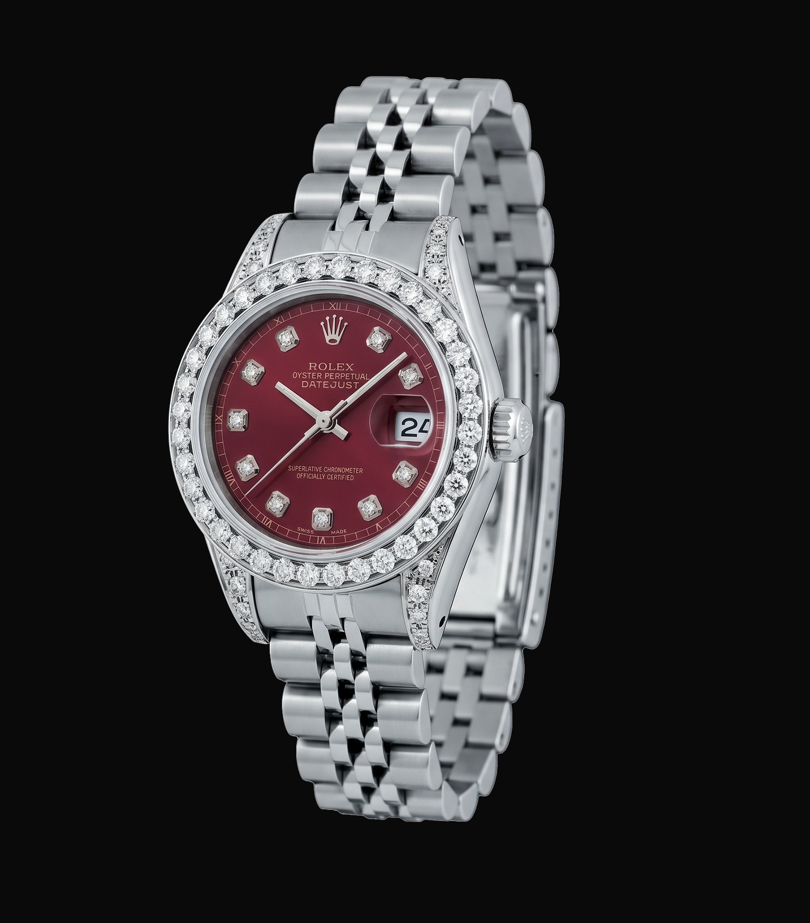 Rolex Datejust 6916 26mm Red Diamond Dial Diamond Bezel Stainless Steel Watch