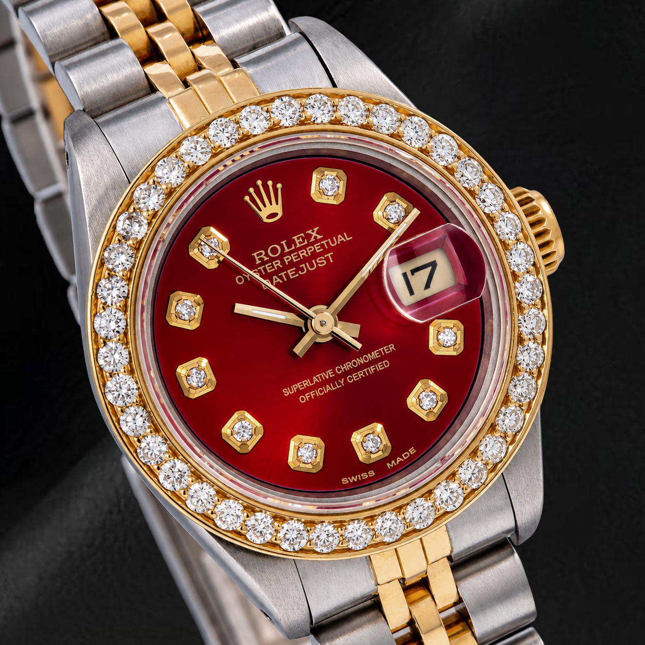 Rolex Datejust 69173 26mm Red Diamond Dial Two Tone Jubilee Bracelet Watch
