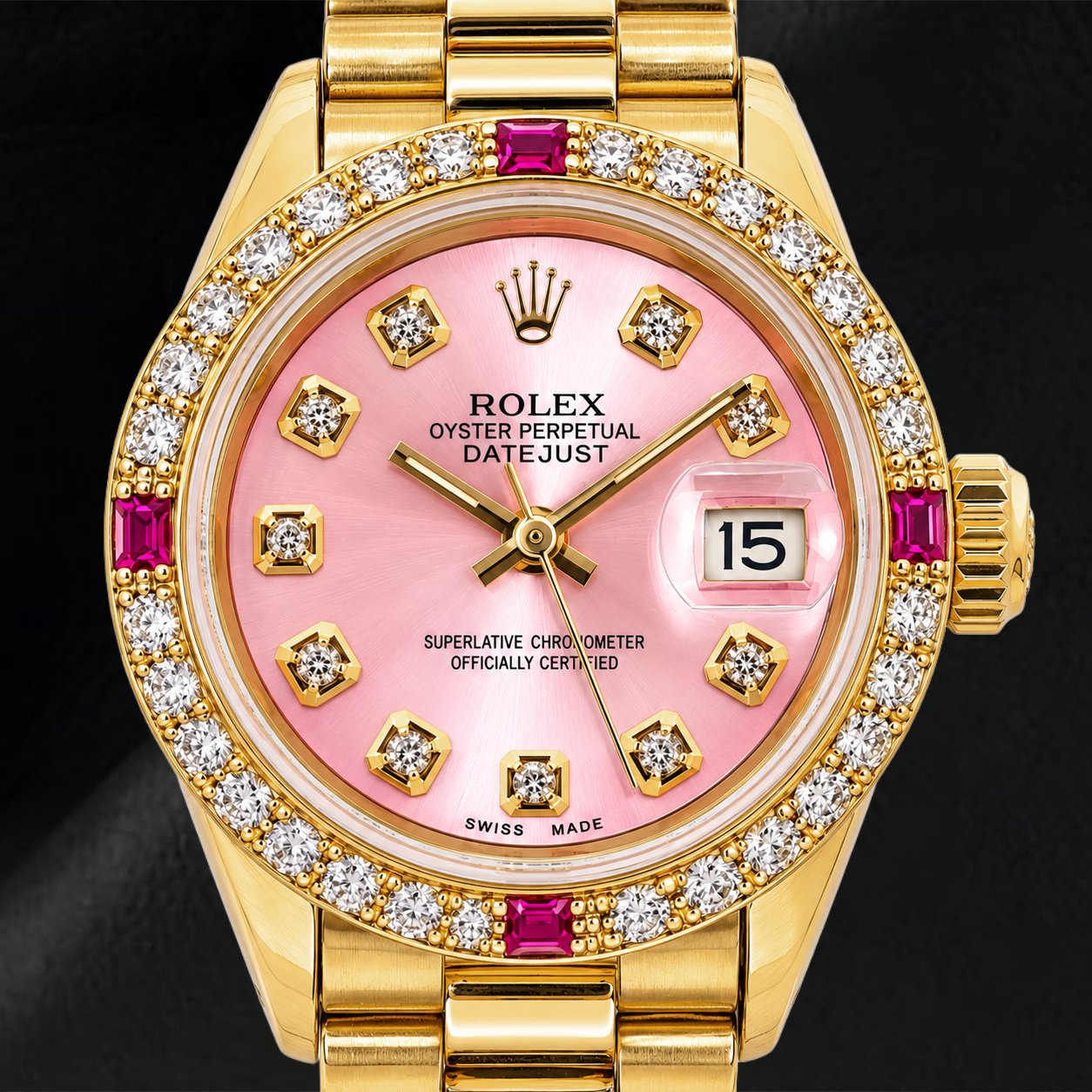 Rolex Datejust 69178 26mm Pink Diamond Dial Yellow Gold President Bracelet Watch