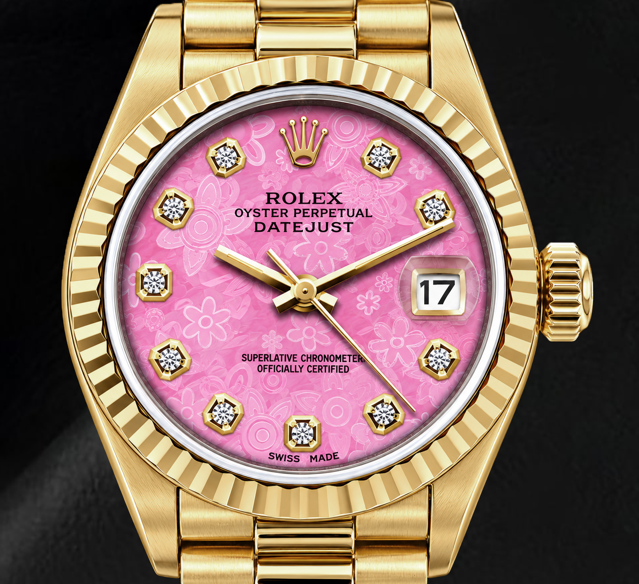 Rolex Datejust 69178 26mm Pink Floral Diamond Dial Yellow Gold Watch