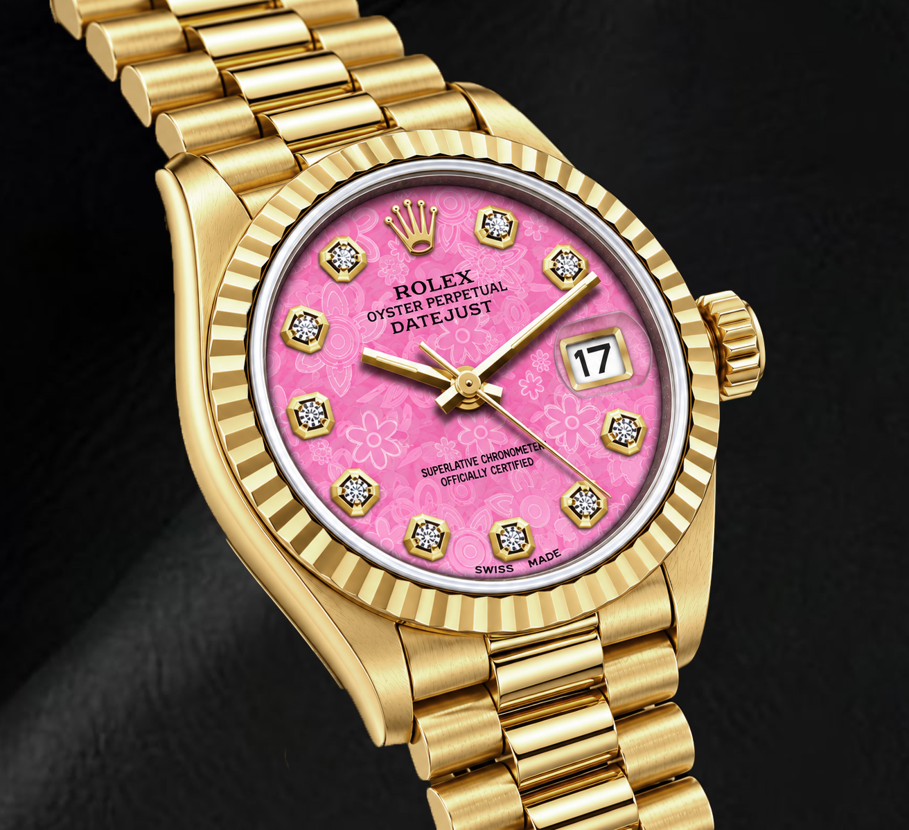 Rolex Datejust 69178 26mm Pink Floral Diamond Dial Yellow Gold Watch