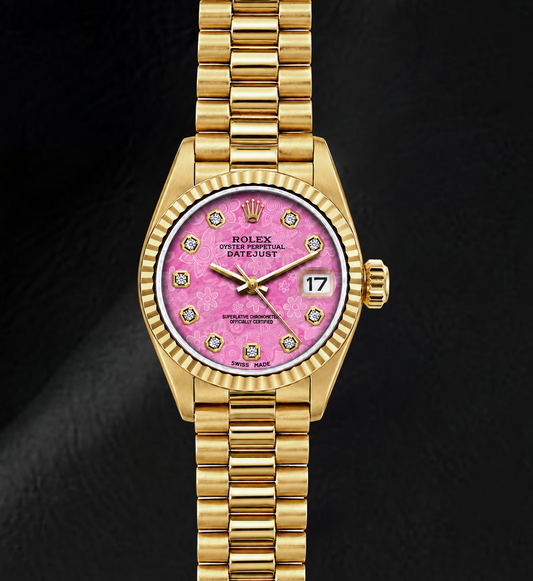 Rolex Datejust 69178 26mm Pink Floral Diamond Dial Yellow Gold Watch