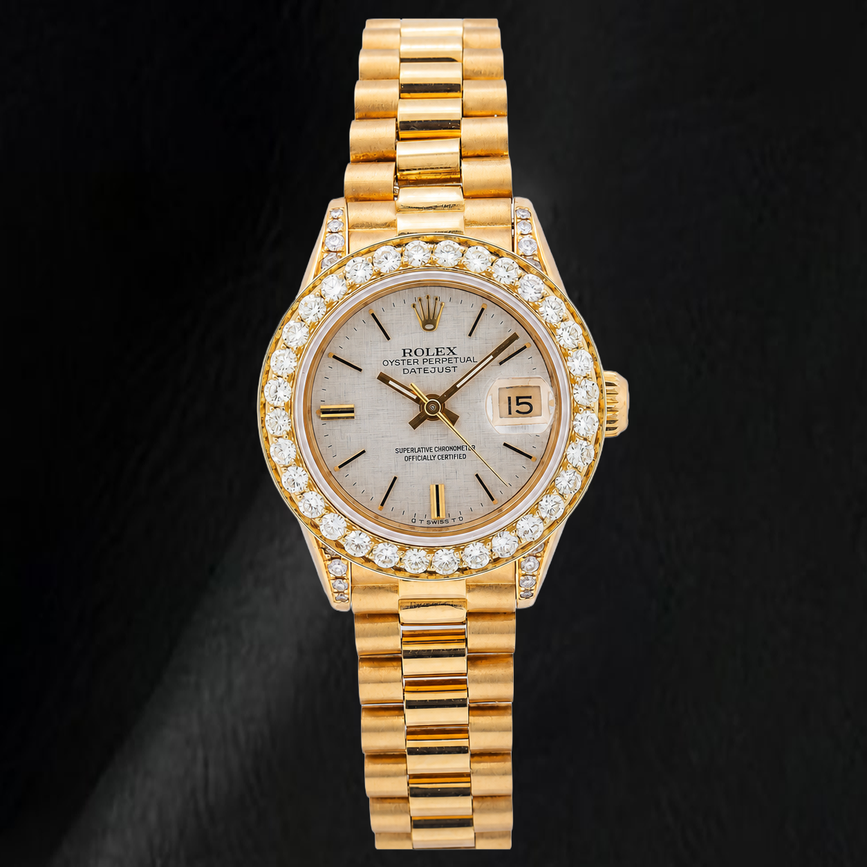 Rolex Datejust 69178 26mm Silver Linen Diamond Dial Yellow Gold Watch 18K