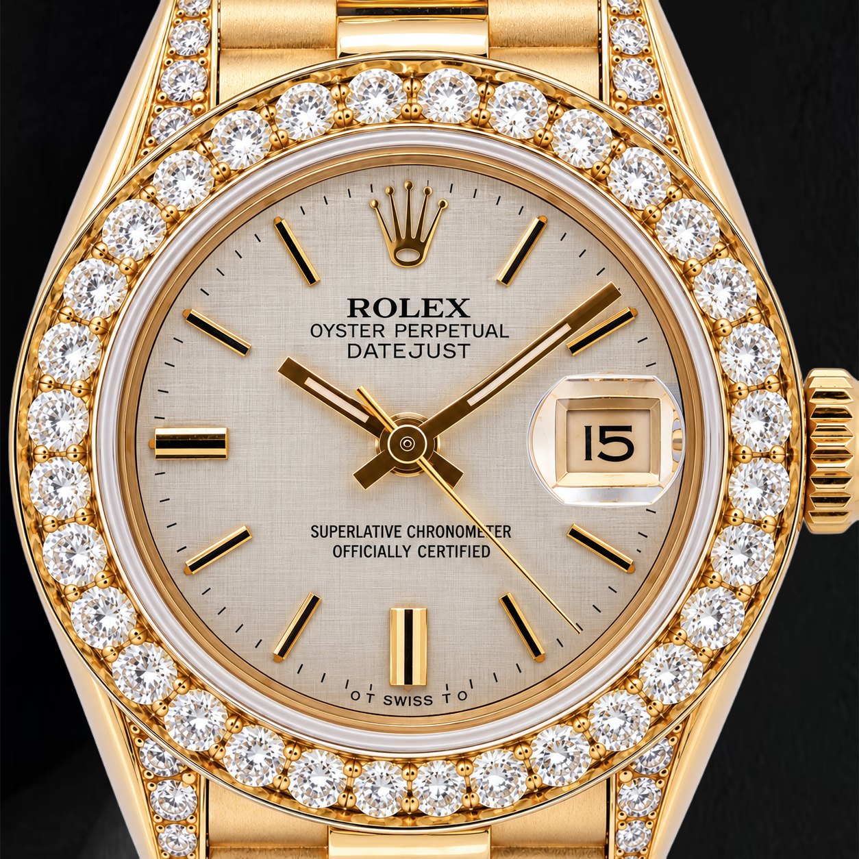 Rolex Datejust 69178 26mm Silver Linen Diamond Dial Yellow Gold Watch 18K