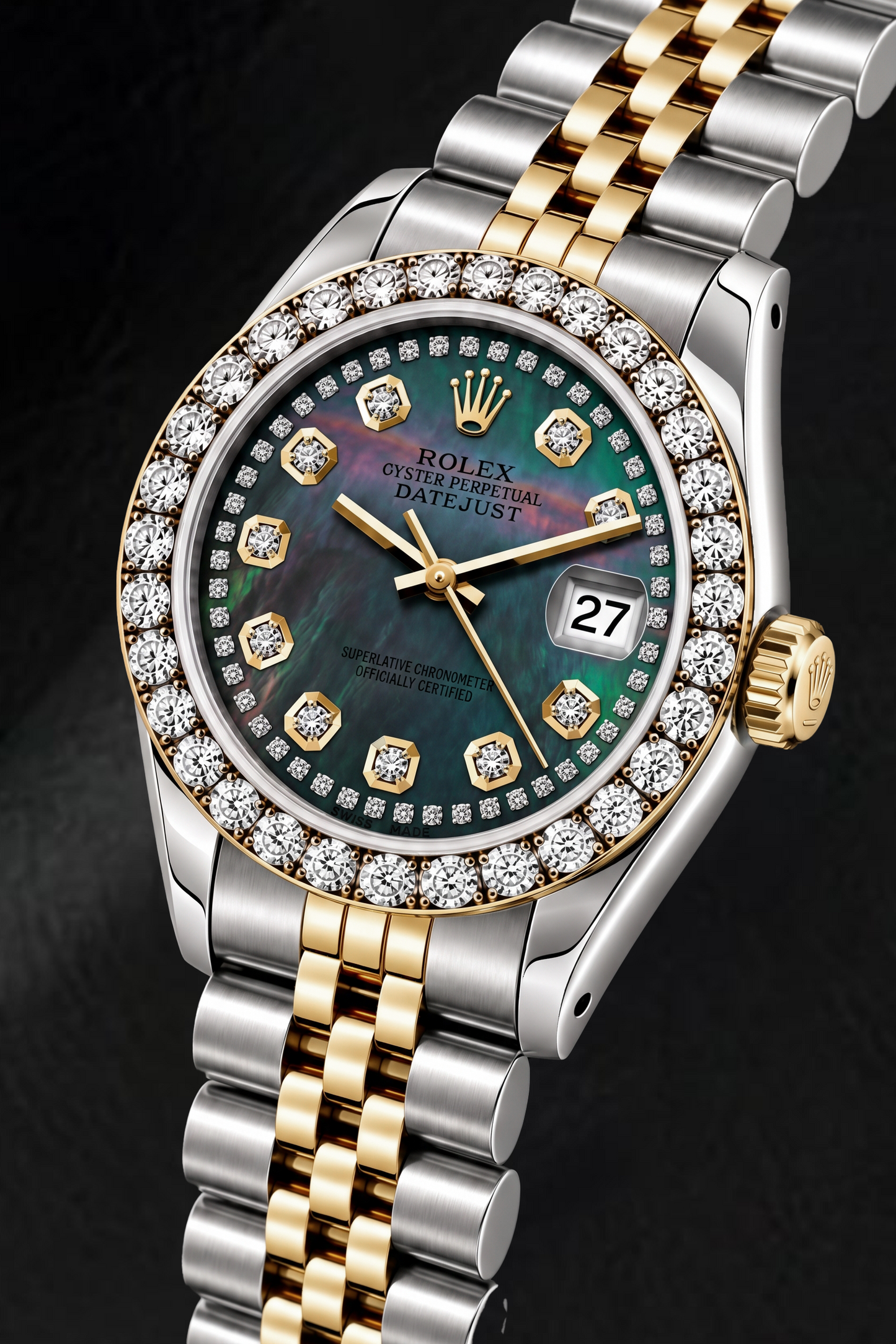 Rolex Datejust 6917 26mm Black Mother of Pearl String Diamond Dial Two Tone Watch