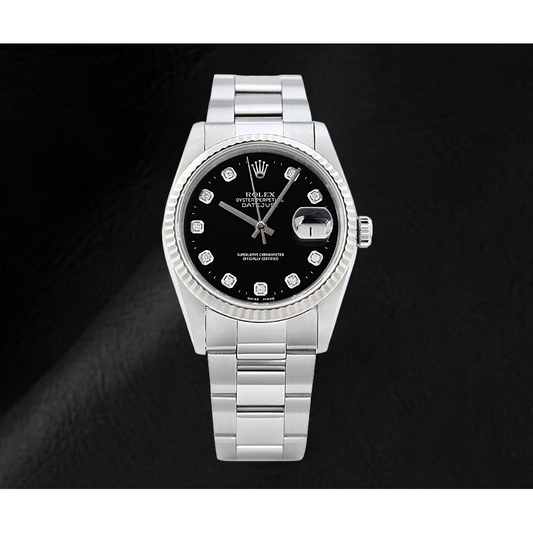 Rolex Datejust Black Diamond Dial Watch Stainless Steel Oyster Bracelet