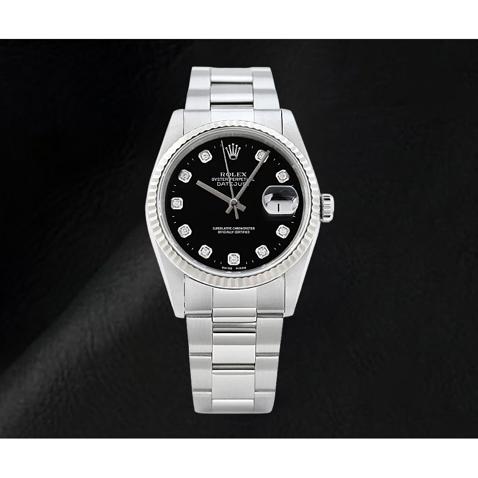 Rolex Datejust Black Diamond Dial Watch Stainless Steel Oyster Bracelet