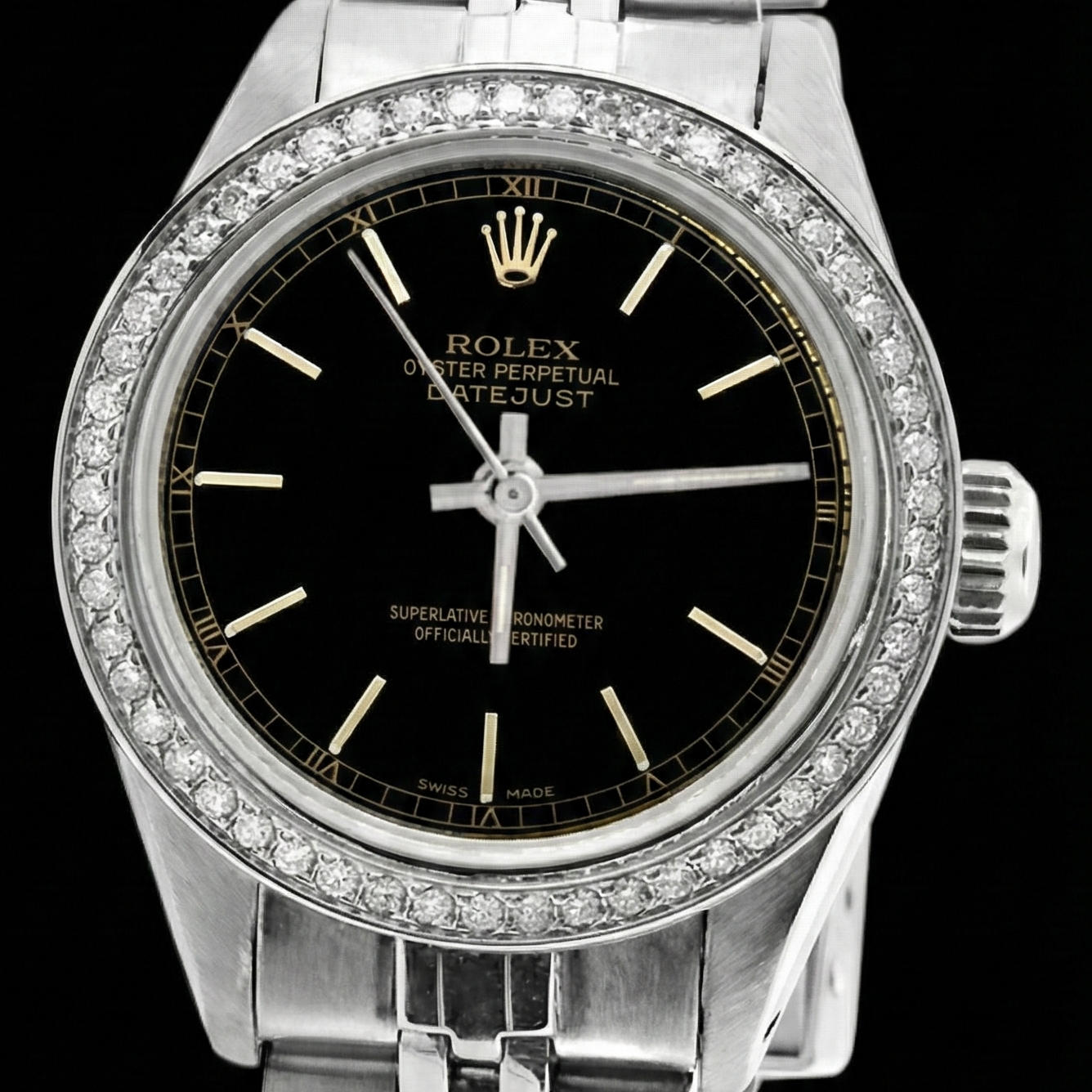 Rolex Datejust Black Stick Dial Lady Watch Ss Jubilee Bracelet