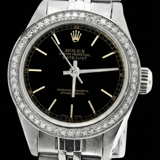 Rolex Datejust Black Stick Dial Lady Watch Ss Jubilee Bracelet