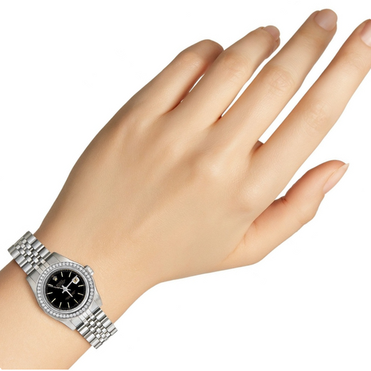 Rolex Datejust Black Stick Dial Lady Watch Ss Jubilee Bracelet