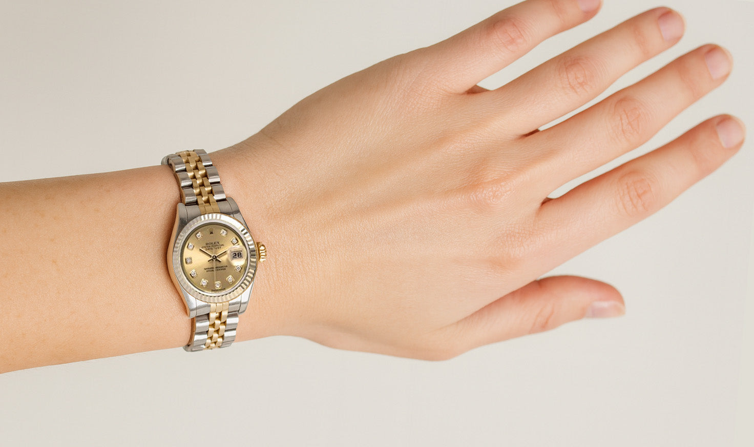 Rolex Datejust Champagne Natural Earth Mined Diamond Dial Hidden Clasp Quick Set 26 mm Two Tone Watch P1