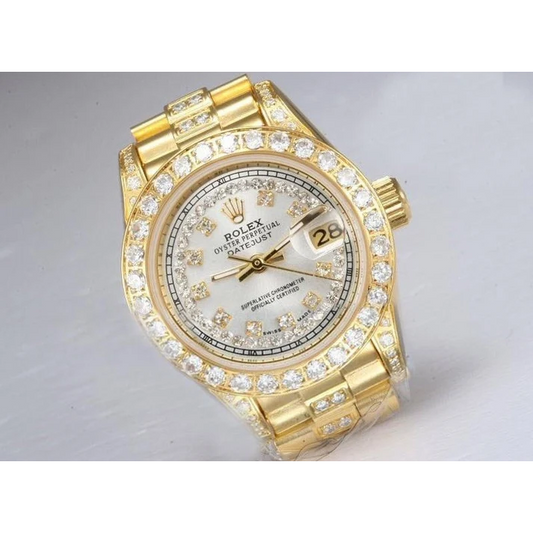 Rolex Datejust Iced Out Natural Earth Mined Diamond Lady Watch Yellow Gold Bracelet
