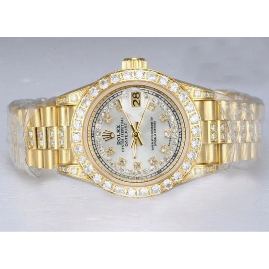 Rolex Datejust Iced Out Natural Earth Mined Diamond Lady Watch Yellow Gold Bracelet