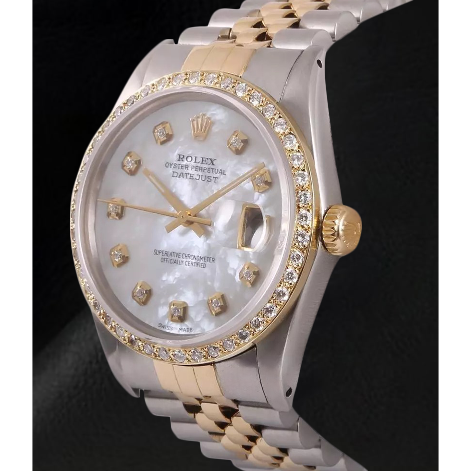 Rolex Datejust Men Watch Mother Of Pearl Diamond Dial Two Tone QUICK SET