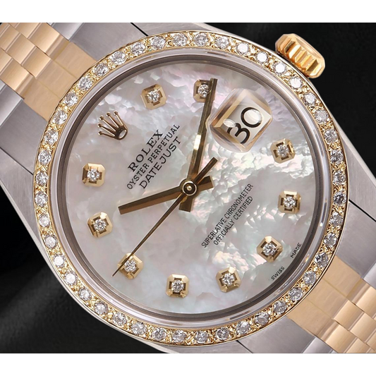 Rolex Datejust Men Watch Mother Of Pearl Diamond Dial Two Tone QUICK SET
