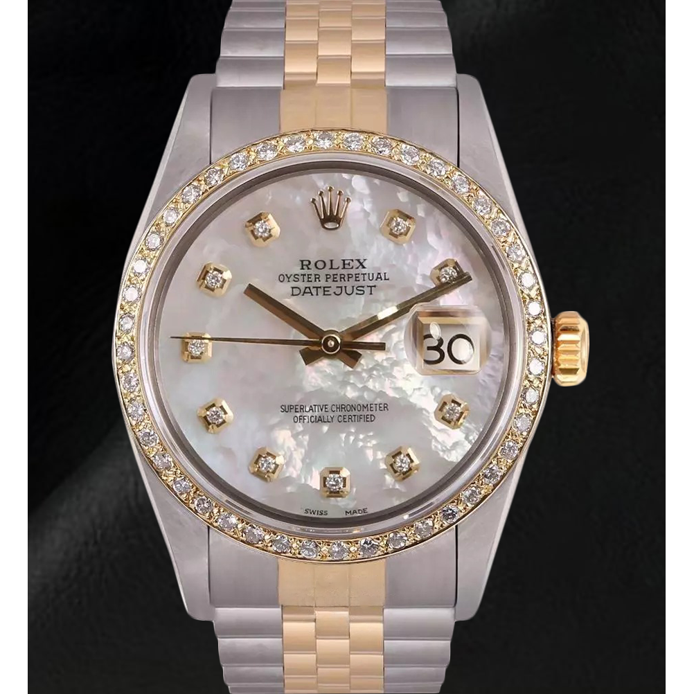 Rolex Datejust Men Watch Mother Of Pearl Diamond Dial Two Tone QUICK SET