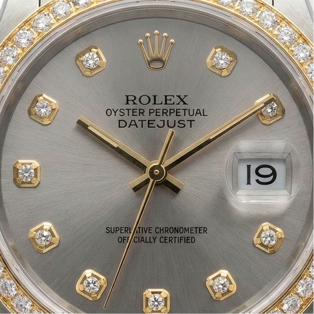 Rolex Datejust Midsize 31 mm Grey Mother of Pearl Natural Earth Mined Diamond Dial Bezel Jubilee Bracelet Watch Ss & Gold