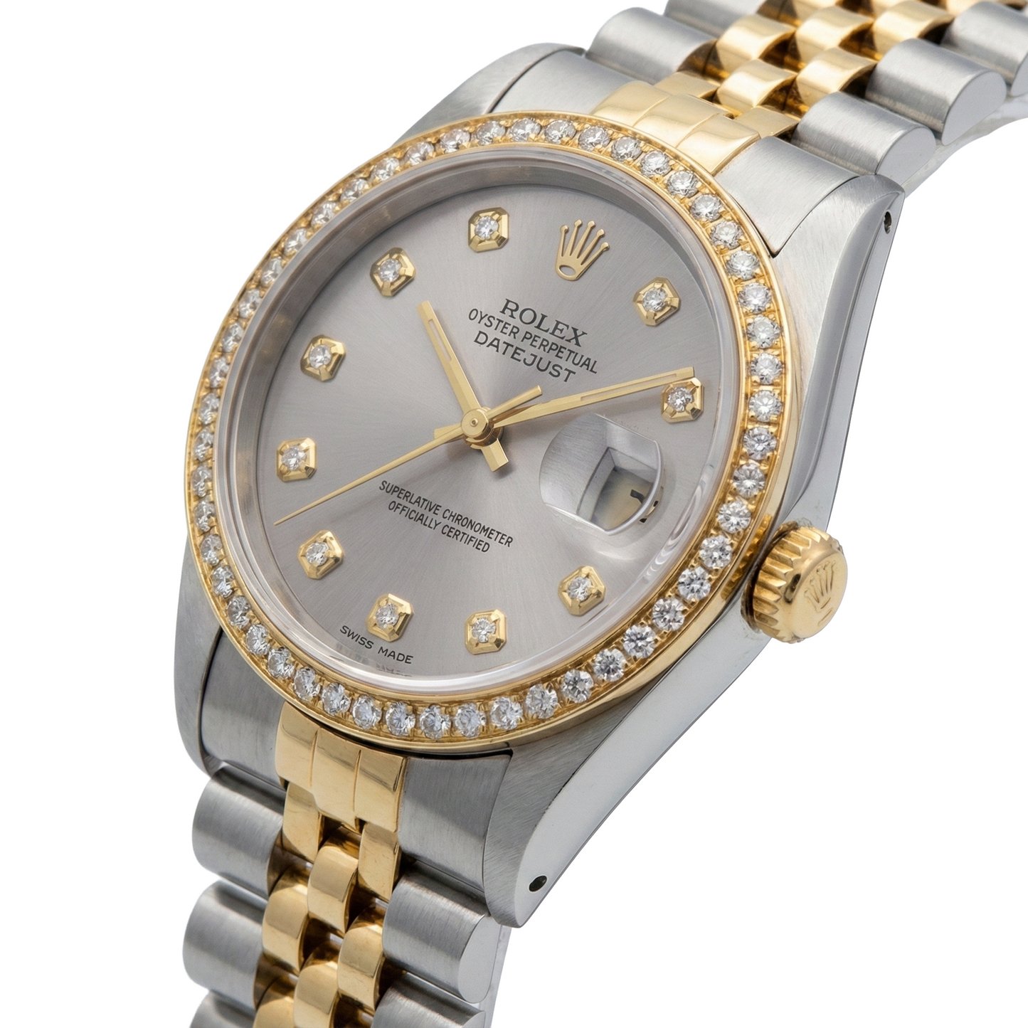 Rolex Datejust Midsize 31 mm Grey Mother of Pearl Natural Earth Mined Diamond Dial Bezel Jubilee Bracelet Watch Ss & Gold
