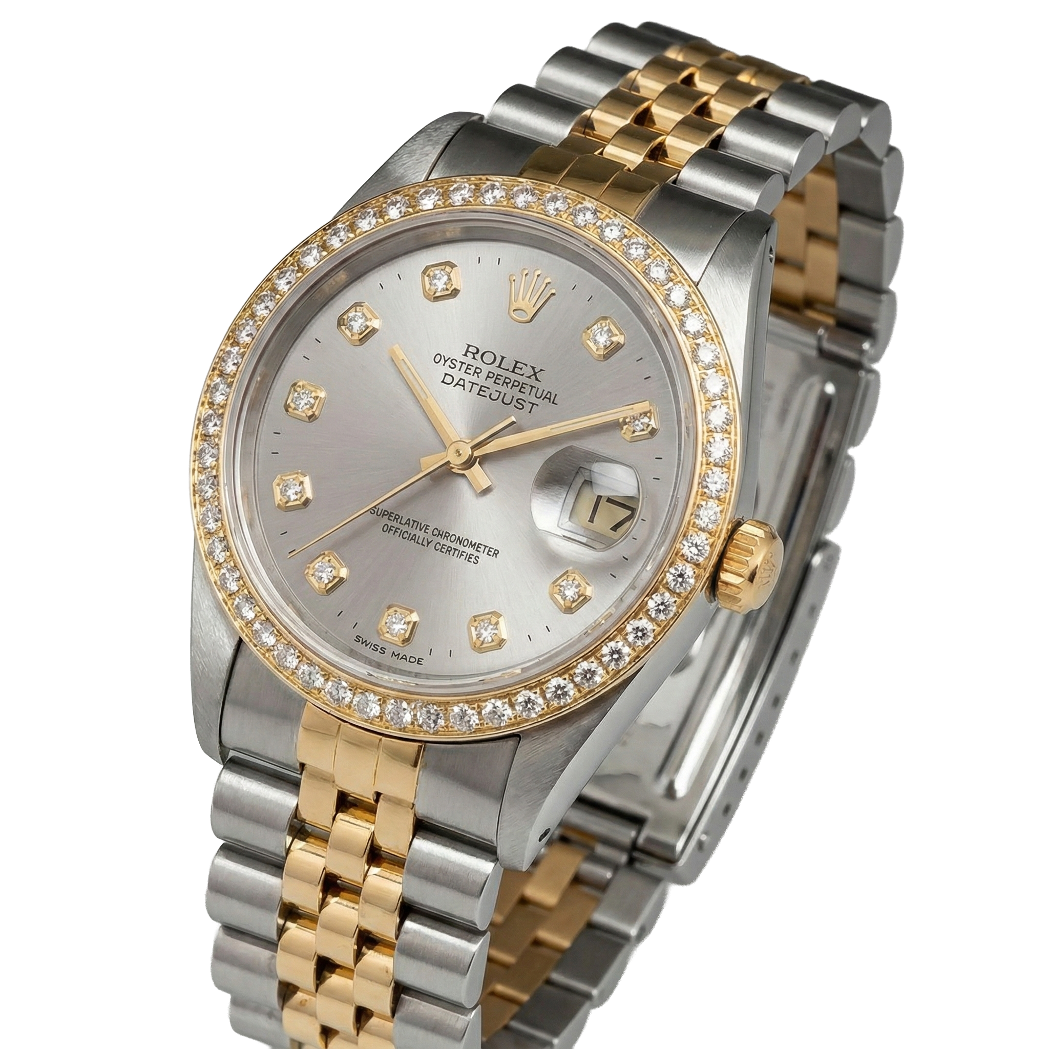 Rolex Datejust Midsize 31 mm Grey Mother of Pearl Natural Earth Mined Diamond Dial Bezel Jubilee Bracelet Watch Ss & Gold