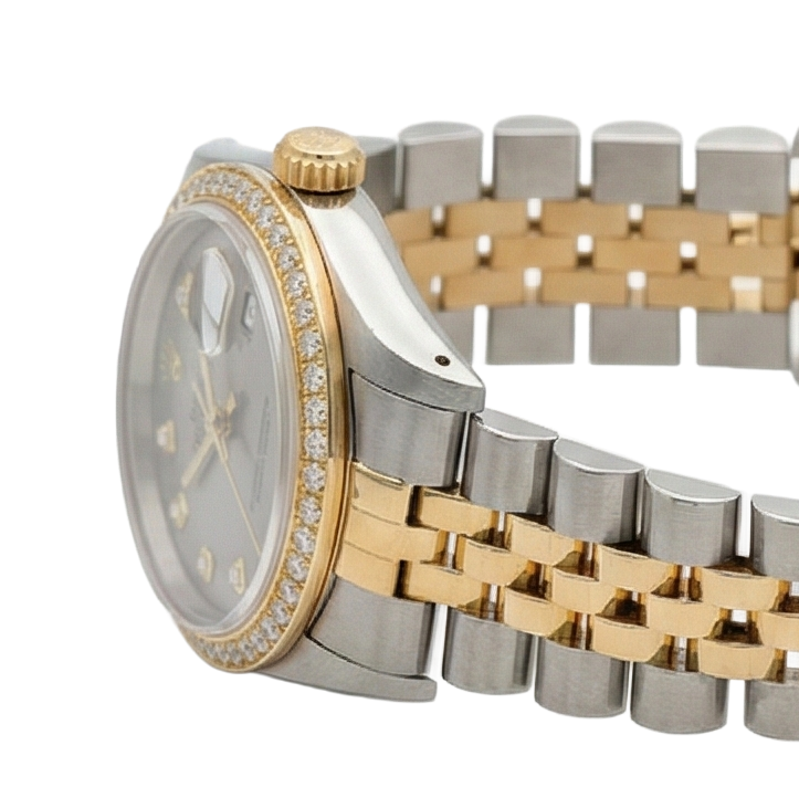 Rolex Datejust Midsize 31 mm Grey Mother of Pearl Natural Earth Mined Diamond Dial Bezel Jubilee Bracelet Watch Ss & Gold