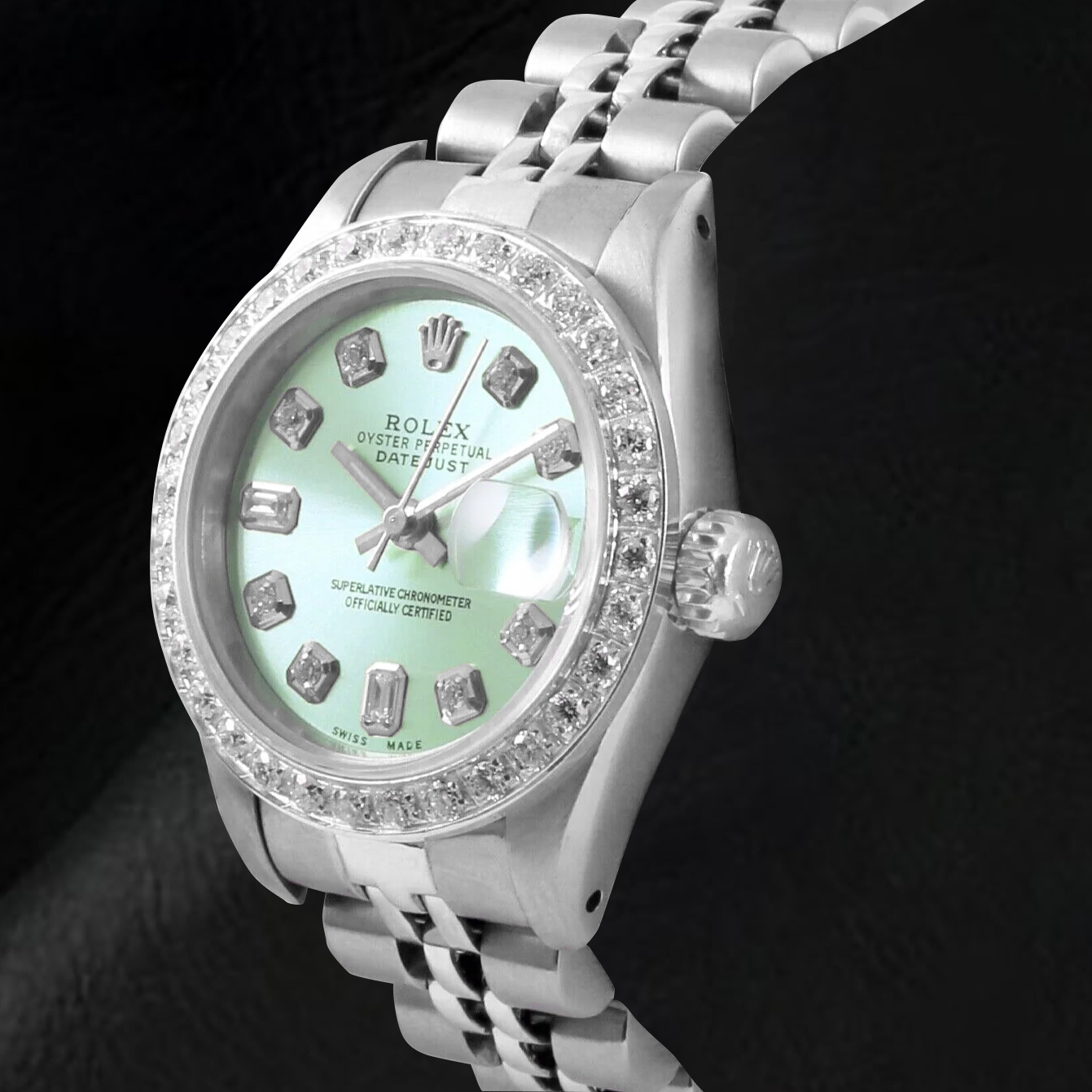 Rolex Datejust Olive Green Baguette Diamond 26 mm Stainless Steel Watch