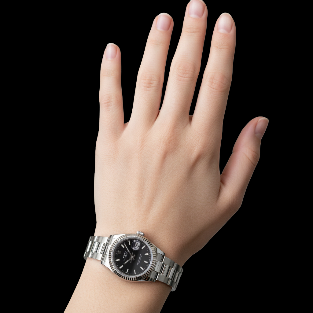 Rolex Datejust Watch Black Stick Dial Oyster Bracelet Ss Midsize P5