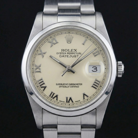 Rolex Datejust Watch Roman Dial Smooth Bezel Stainless Steel Midsize