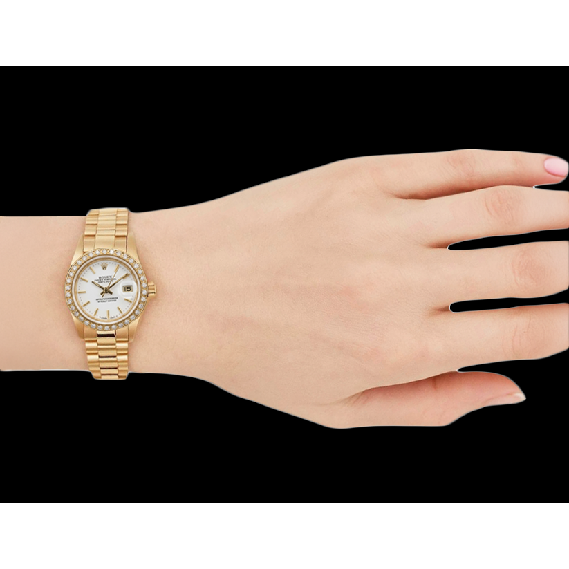 Rolex Datejust Watch Yellow Gold Bracelet Stick Dial Diamond Bezel