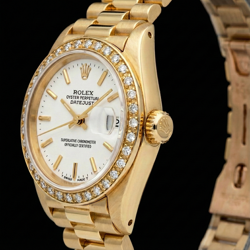 Rolex Datejust Watch Yellow Gold Bracelet Stick Dial Diamond Bezel
