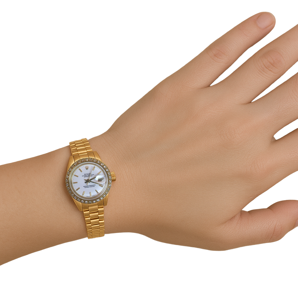 Rolex Datejust Watch Yellow Gold Bracelet Stick Dial Natural Earth Mined Diamond Bezel