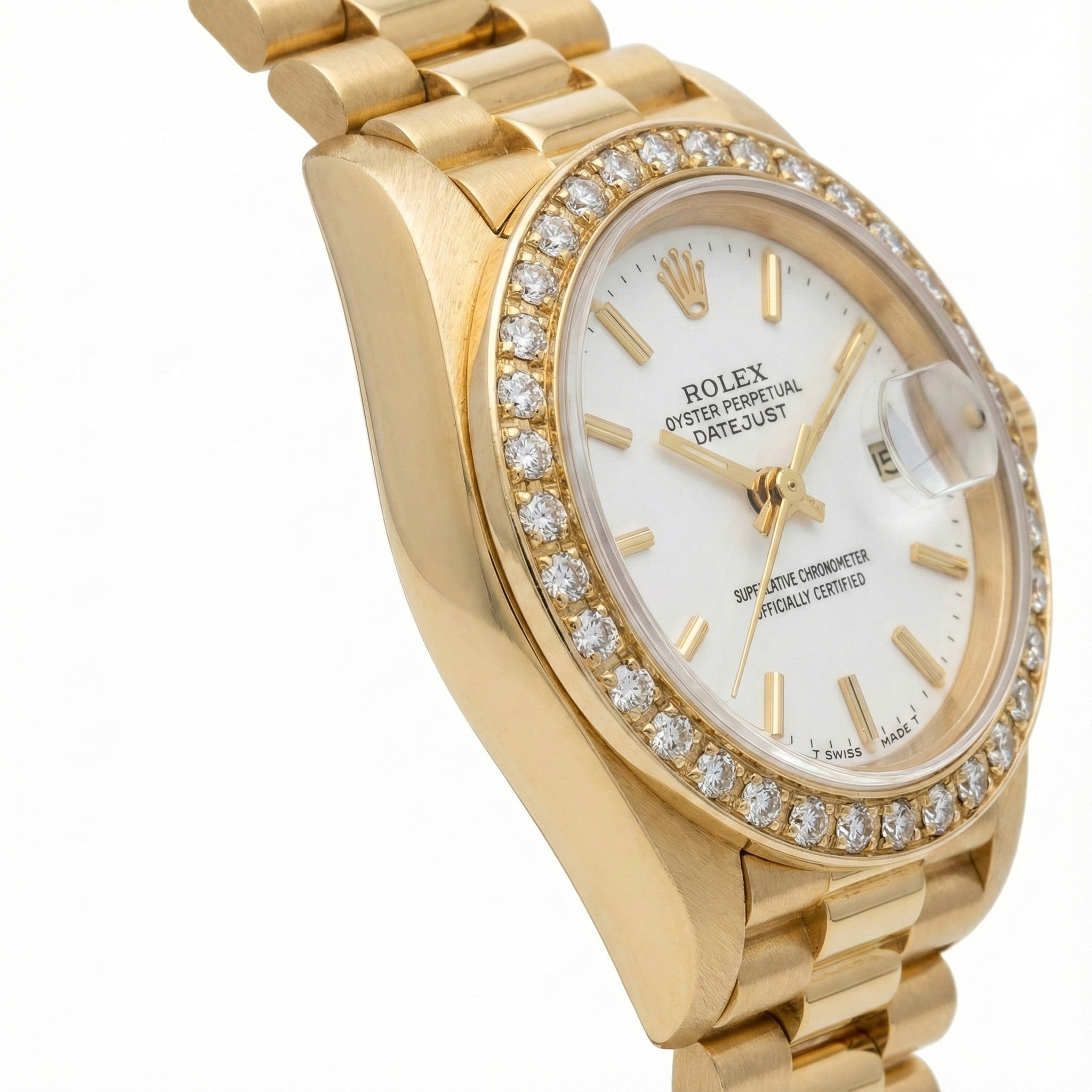 Rolex Datejust Watch Yellow Gold Bracelet Stick Dial Natural Earth Mined Diamond Bezel