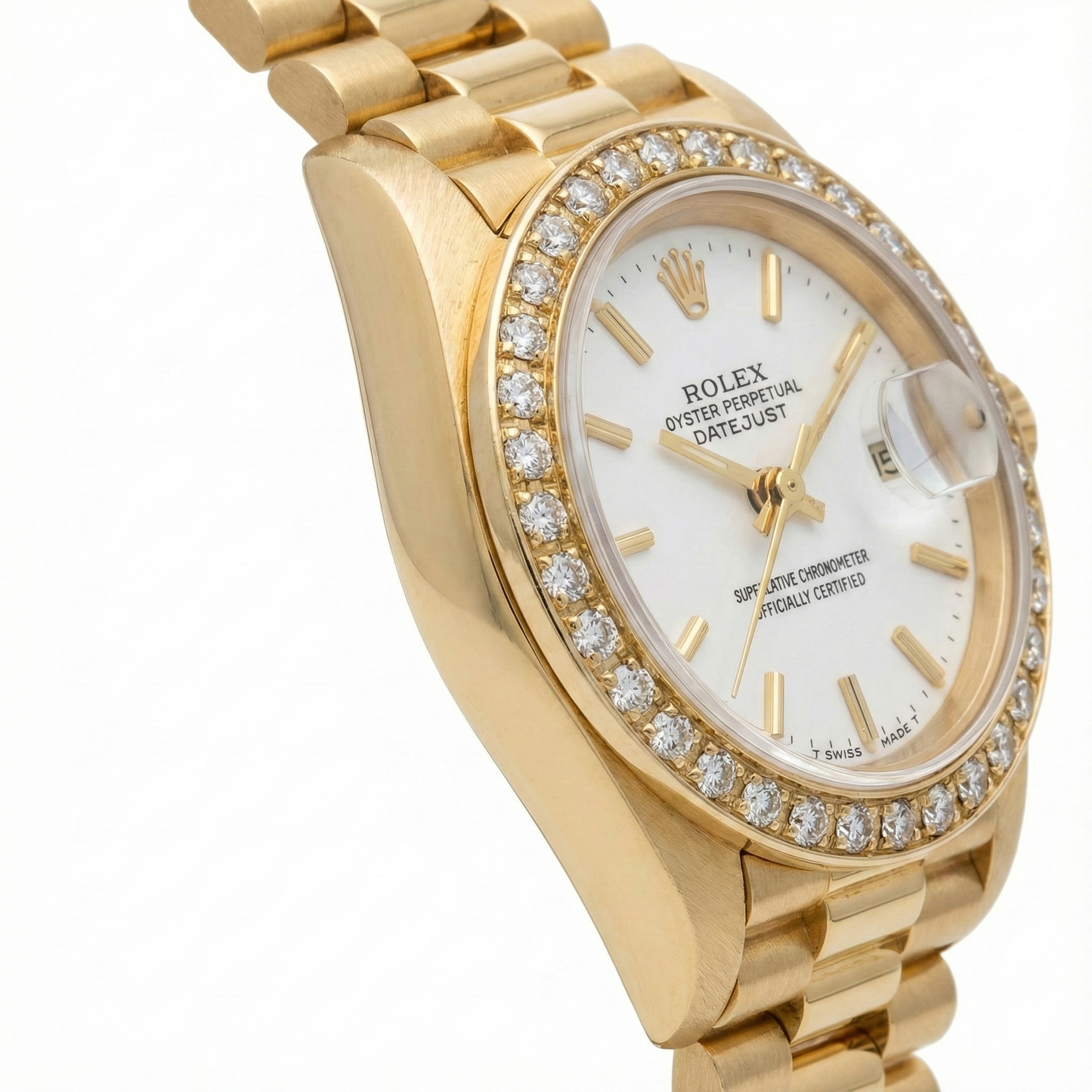 Rolex Datejust Watch Yellow Gold Bracelet Stick Dial Natural Earth Mined Diamond Bezel