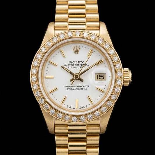 Rolex Datejust Watch Yellow Gold Bracelet Stick Dial Natural Earth Mined Diamond Bezel