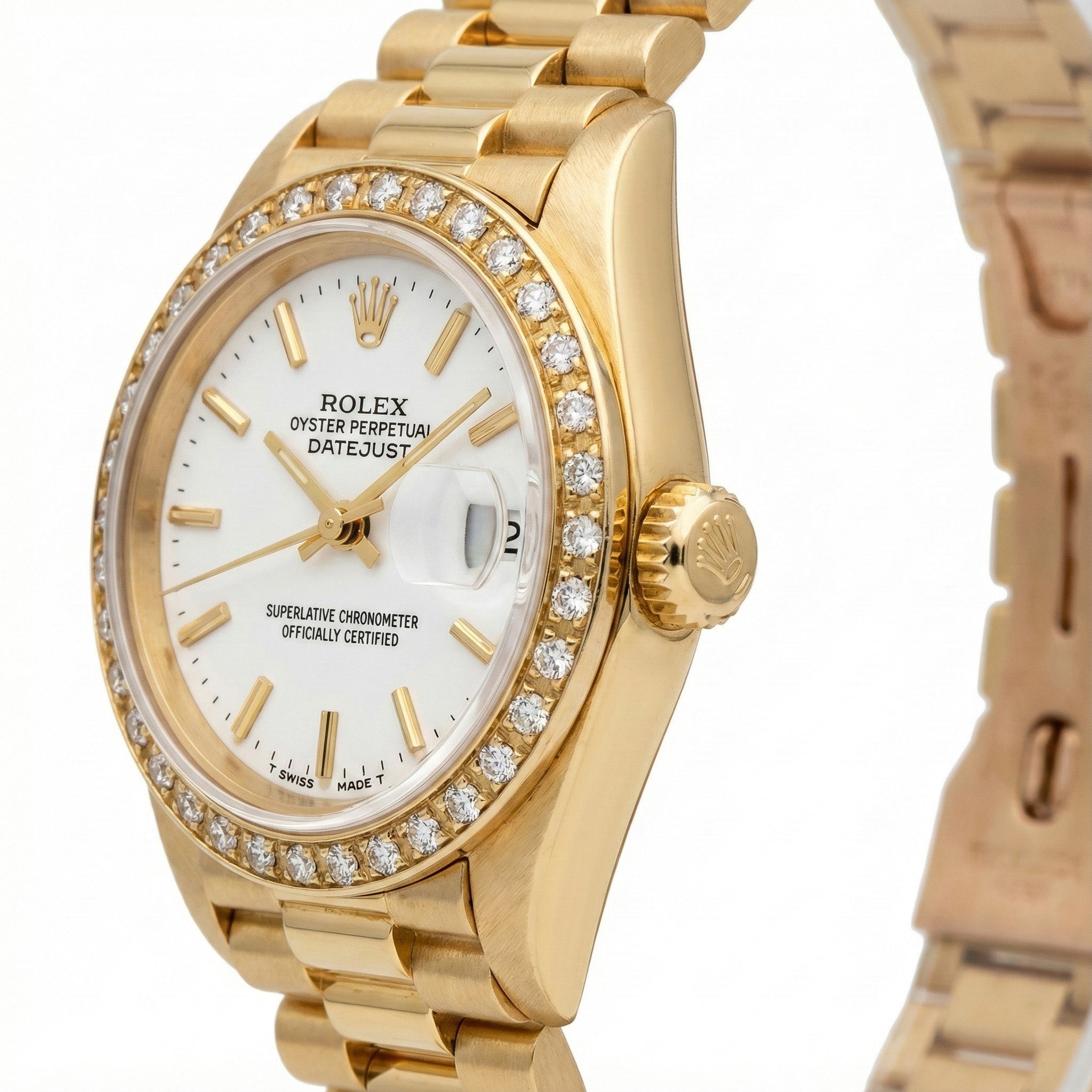 Rolex Datejust Watch Yellow Gold Bracelet Stick Dial Natural Earth Mined Diamond Bezel