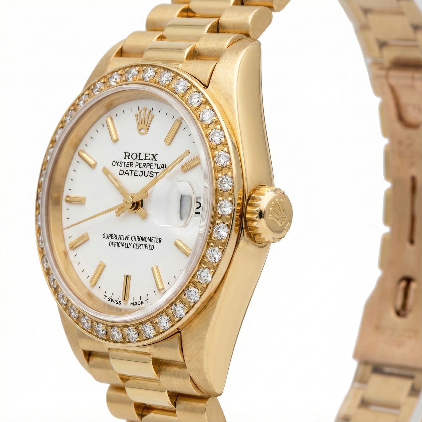 Rolex Datejust Watch Yellow Gold Bracelet Stick Dial Natural Earth Mined Diamond Bezel